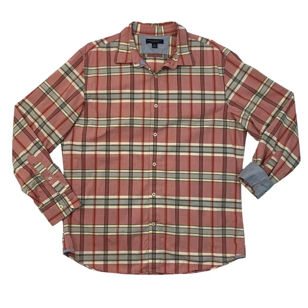 Banana Republic Soft Wash Shirt Men L Large Red Plaid Flip Cuff Cotton Button Up